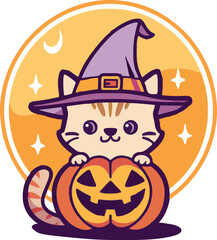 Fototapeta premium pumpkin cat. Collection kiiten with pumkin. Fuuny pets. Happy halloween. Scary print for design. Vector illustration on white background.