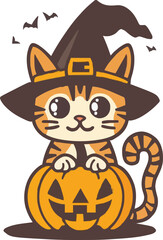 pumpkin cat. Collection kiiten with pumkin. Fuuny pets. Happy halloween. Scary print for design. Vector illustration on white background.