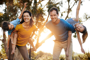 Portrait, family and piggyback kids at park for love, care or bonding together in nature. Mother,...