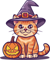 pumpkin cat. Collection kiiten with pumkin. Fuuny pets. Happy halloween. Scary print for design. Vector illustration on white background.