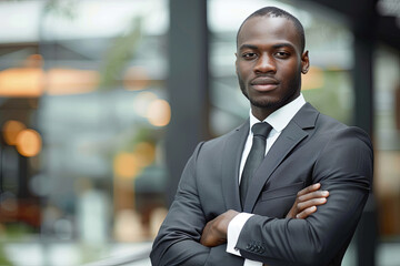 Fototapeta premium Attractive black business executive with arms crossed, exuding confidence and professionalism