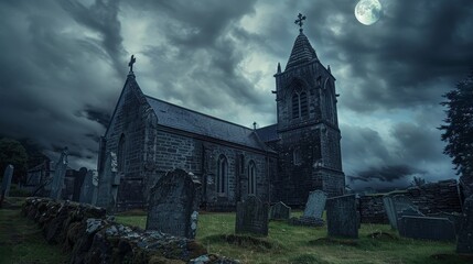 Fototapeta premium Ancient church under a foreboding sky, moonlight breaking through dark clouds, with ghostly presences in the graveyard on Halloween night