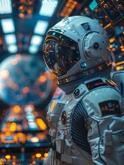 Fototapeta premium Astronaut Navigating Futuristic Spacecraft Control Room