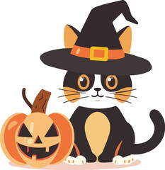 pumpkin cat. Collection kiiten with pumkin. Fuuny pets. Happy halloween. Scary print for design. Vector illustration on white background.