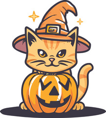 pumpkin cat. Collection kiiten with pumkin. Fuuny pets. Happy halloween. Scary print for design. Vector illustration on white background.