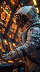 Fototapeta premium Astronaut in Futuristic Spacecraft Control Room Monitoring Displays