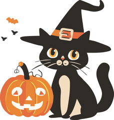 pumpkin cat. Collection kiiten with pumkin. Fuuny pets. Happy halloween. Scary print for design. Vector illustration on white background.