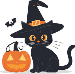 pumpkin cat. Collection kiiten with pumkin. Fuuny pets. Happy halloween. Scary print for design. Vector illustration on white background.