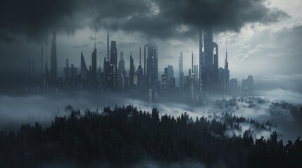 Dark, spooky futuristic city bordered by a sinister forest, with dense fog and threatening clouds adding to the atmosphere