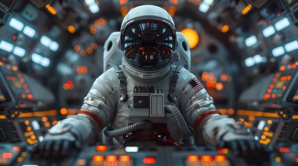 Astronaut in Futuristic Rocket Control Room Exploring Space