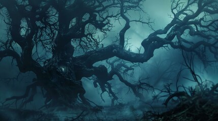 Dark, twisted trees with gnarled branches in a spooky forest, eerie mist surrounding, and a haunting pagan spirit lurking in the shadows