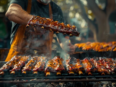 What does the scene look like as a man tends to his grill, with ribs slowly caramelizing
