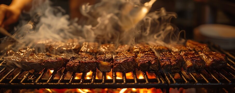 Describe the intense flavors of beef as it grills over an open flame with a man at the helm
