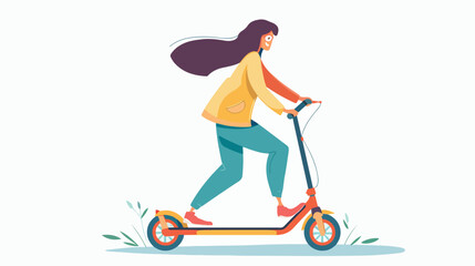 Cheerful woman riding kick scooter vector flat illustration