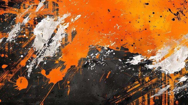 Intense grunge background with vibrant orange highlights, white scuffs, and bold black splatters, perfect for edgy compositions