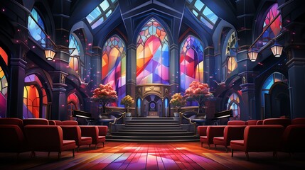 Aesthetic backgrounds, Stage with a retro, 80s theme and colorful spotlights Illustration image,