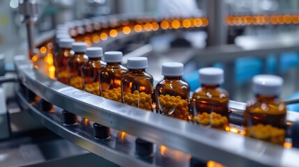 Industrial conveyor belt transporting pills, small glass medicine bottles, pharmaceutical manufacturing process, high-tech lab, clinical atmosphere