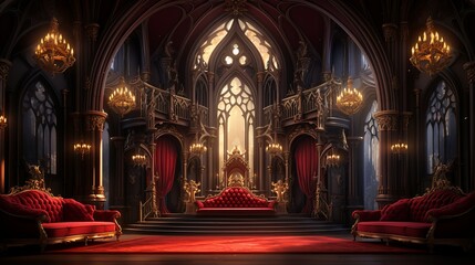 Aesthetic backgrounds, Stage with red velvet curtains and ornate decorations Illustration image,