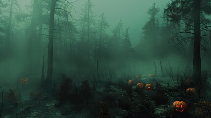 Foggy winter evening in a spooky forest, dark orange pumpkins casting haunting shadows through the mist