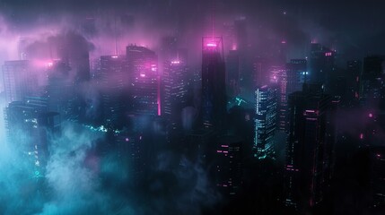 Naklejka premium Futuristic dark city shrouded in fog, with eerie black forest and ominous clouds looming overhead, illuminated by neon lights
