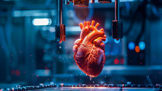 A realistic 3D printed model of a human heart in a laboratory.