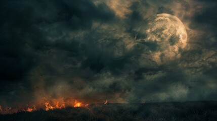 Haunting full moon Halloween scene, dark clouds drifting across the sky, casting an otherworldly light over a ghostly landscape with a flickering fire