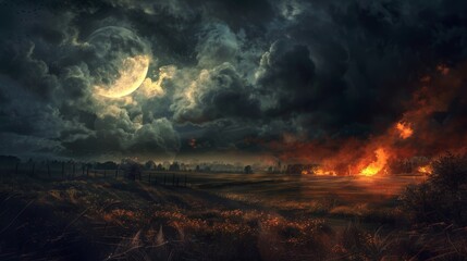 Haunting Halloween night, full moon piercing through dark clouds, creating a spooky atmosphere over a landscape with an ominous fire in the distance