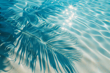 A palm tree is reflected in the water, creating a beautiful and serene scene. The water is calm and clear, and the sunlight is shining on the surface, creating a shimmering effect