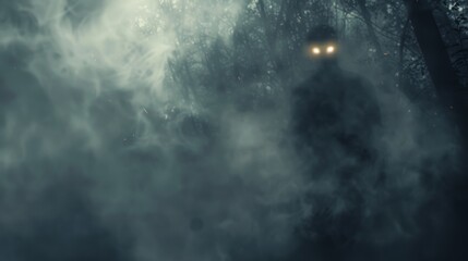 Horror scene of a demonic figure with burning eyes, emerging from the shadows in a spooky, mist-filled forest