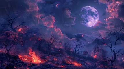 Mystical Halloween scene with a full moon illuminating an eerie night sky, ghostly clouds drifting, and a chilling landscape lit by dancing flames - Powered by Adobe