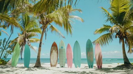 A row of surfboards are lined up on a beach next to palm trees. The surfboards are of different colors and sizes, and they are all facing the ocean. Concept of excitement and adventure