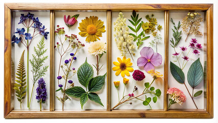 A creative arrangement of pressed flowers and leaves enclosed within a transparent frame, adding a touch of vintage elegance to invitations, scrapbooks, or botanical-themed projects.