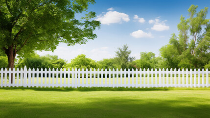 Fototapeta premium A white picket fence with a tree in the background. The fence is surrounded by a lush green lawn