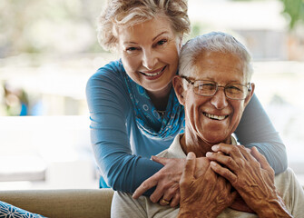 Portrait, home and old couple with hug, smile and retirement with happiness, bonding together and...