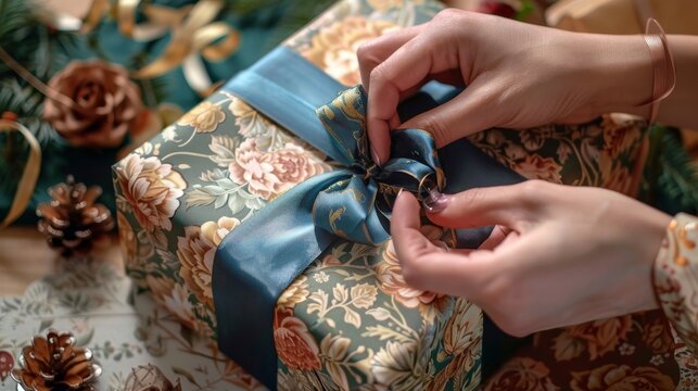 Hands preparing a gift box with vintage wrapping paper, sealing with glue tape, and adding a final touch with a luxurious ribbon, close-up view