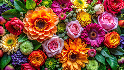 A close-up shot of a flat lay floral arrangement featuring vibrant petals and lush greenery, arranged to create a visually stunning background.