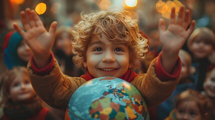 a group of children reaching out towards a globe, their hands touching different continents with a sense of wonder and discovery