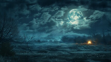 Spooky moonlit Halloween night, full moon and wispy clouds creating a mystical ambiance, with eerie shadows and a small fire burning in the distance