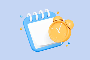 3D Calendar and Alarm clock. Planning concept. Office work and deadline. Event agenda. Time to plan. Business meeting. Cartoon design icon isolated on blue background. 3D Vector illustration