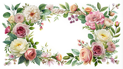 An elegant floral frame design featuring a mixture of fresh blooms and foliage, creating a sophisticated backdrop for various design projects.