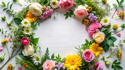 An artistic flat lay composition of fresh flowers and greenery arranged in a circular frame, offering a visually appealing background with ample copy space