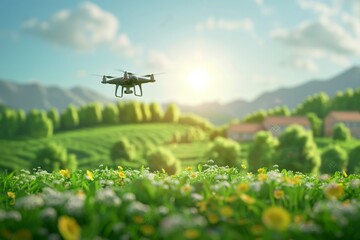 Green isometric unmanned agritech drones for efficient aerial crop monitoring, using agricultural equipment and vehicle surveys