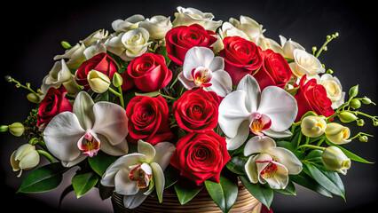 A stunning floral arrangement featuring red roses and white orchids, forming an eye-catching frame against a black background, perfect for dramatic designs.