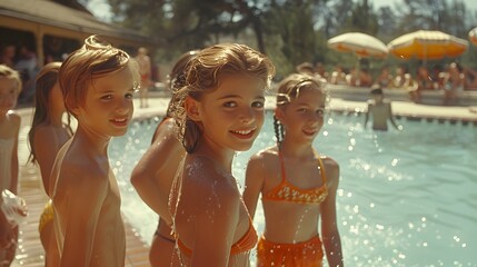 a group of happy children gather by the poolside, their laughter and splashes creating a symphony of summertime bliss