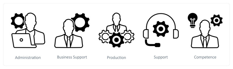 A set of 5 Business and Office icons as administration, business support, production
