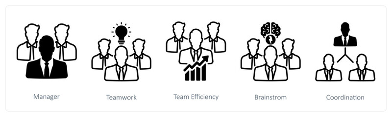 A set of 5 Business and Office icons as manager, teamwork, team efficiency