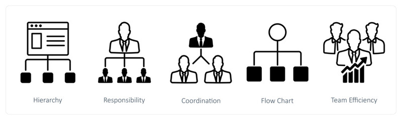 A set of 5 Business and Office icons as hierarchy, responsibility, coordination