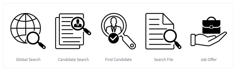 A set of 5 Business and Office icons as global search, candidate search, find candidate