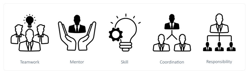 A set of 5 Business and Office icons as teamwork, mentor, skill