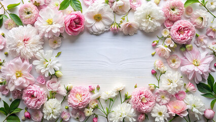 An elegant flat lay composition featuring delicate pink and white blossoms arranged neatly within a frame, creating a beautiful floral border.